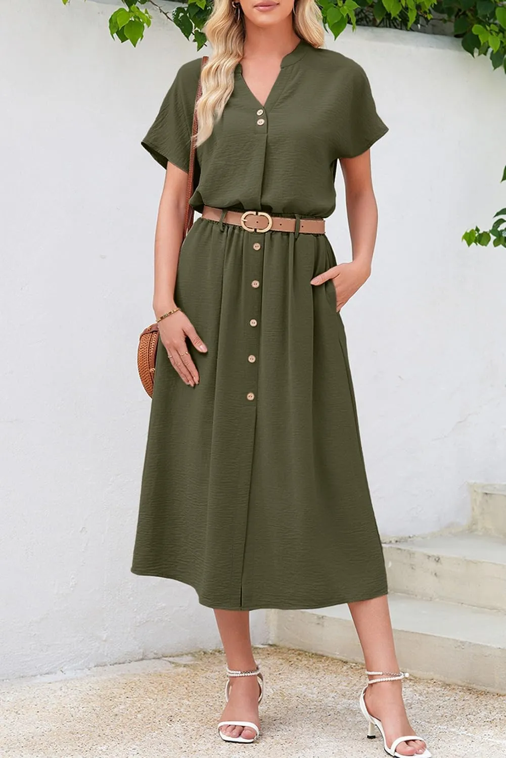Dokotoo Women's 2 Piece Outfits V Neck Front Split Button Matching Sets for Women Elastic Waist Skirt Sets Women 2025