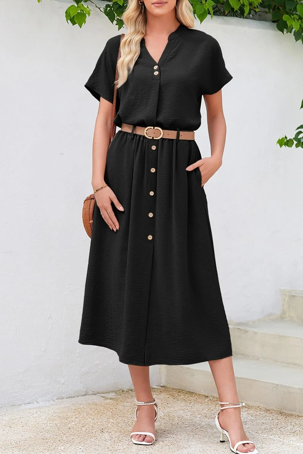 Dokotoo Women's 2 Piece Outfits V Neck Front Split Button Matching Sets for Women Elastic Waist Skirt Sets Women 2025