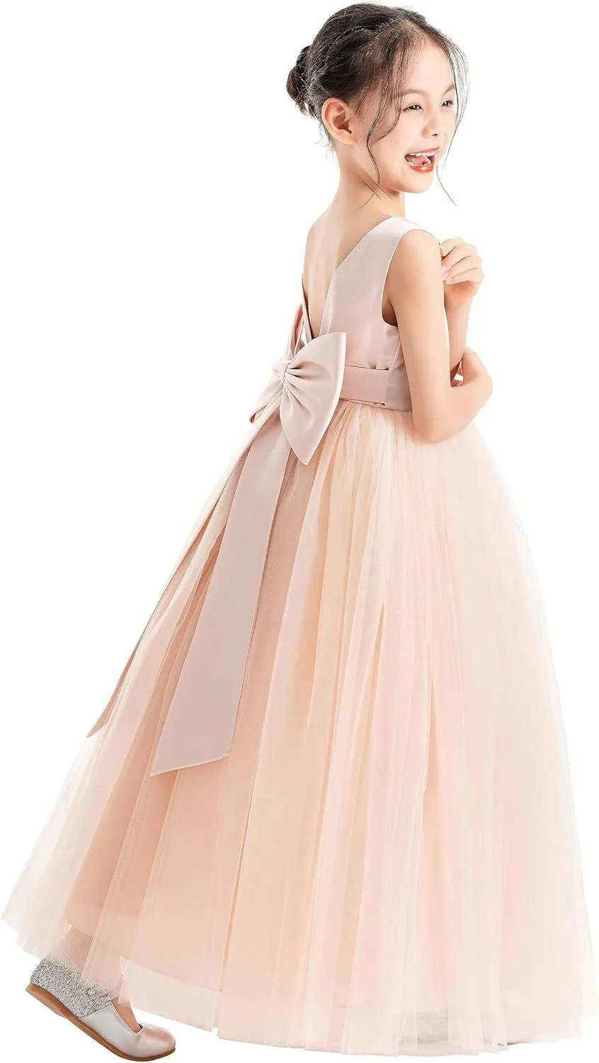 ekidsbridal V-Neck Satin Flower Girl Dress for Special Occasions Pretty Princess Gown 522