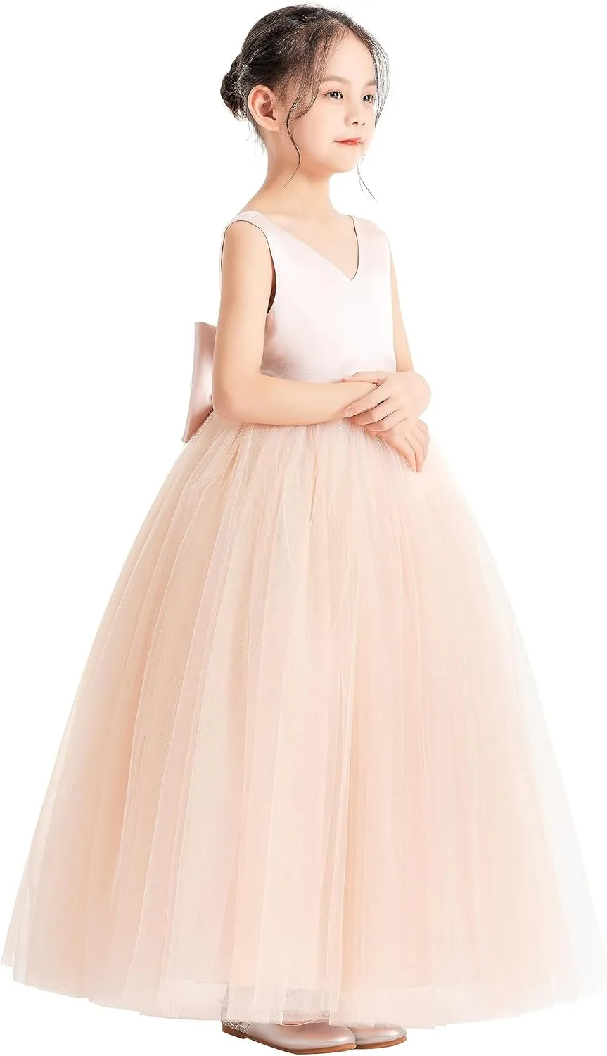 ekidsbridal V-Neck Satin Flower Girl Dress for Special Occasions Pretty Princess Gown 522