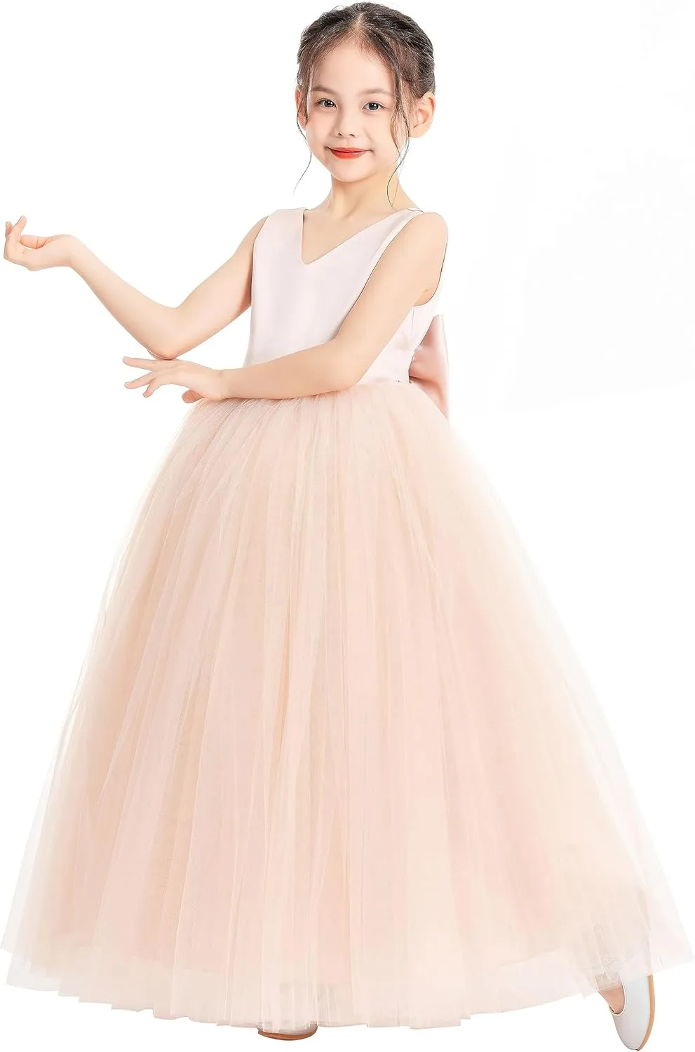ekidsbridal V-Neck Satin Flower Girl Dress for Special Occasions Pretty Princess Gown 522