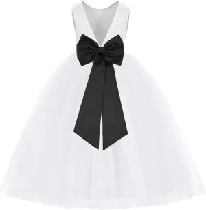 ekidsbridal White V-Back Satin Flower Girl Dress with Colored Sash Princess Gown 219T