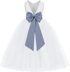 ekidsbridal White V-Back Satin Flower Girl Dress with Colored Sash Princess Gown 219T