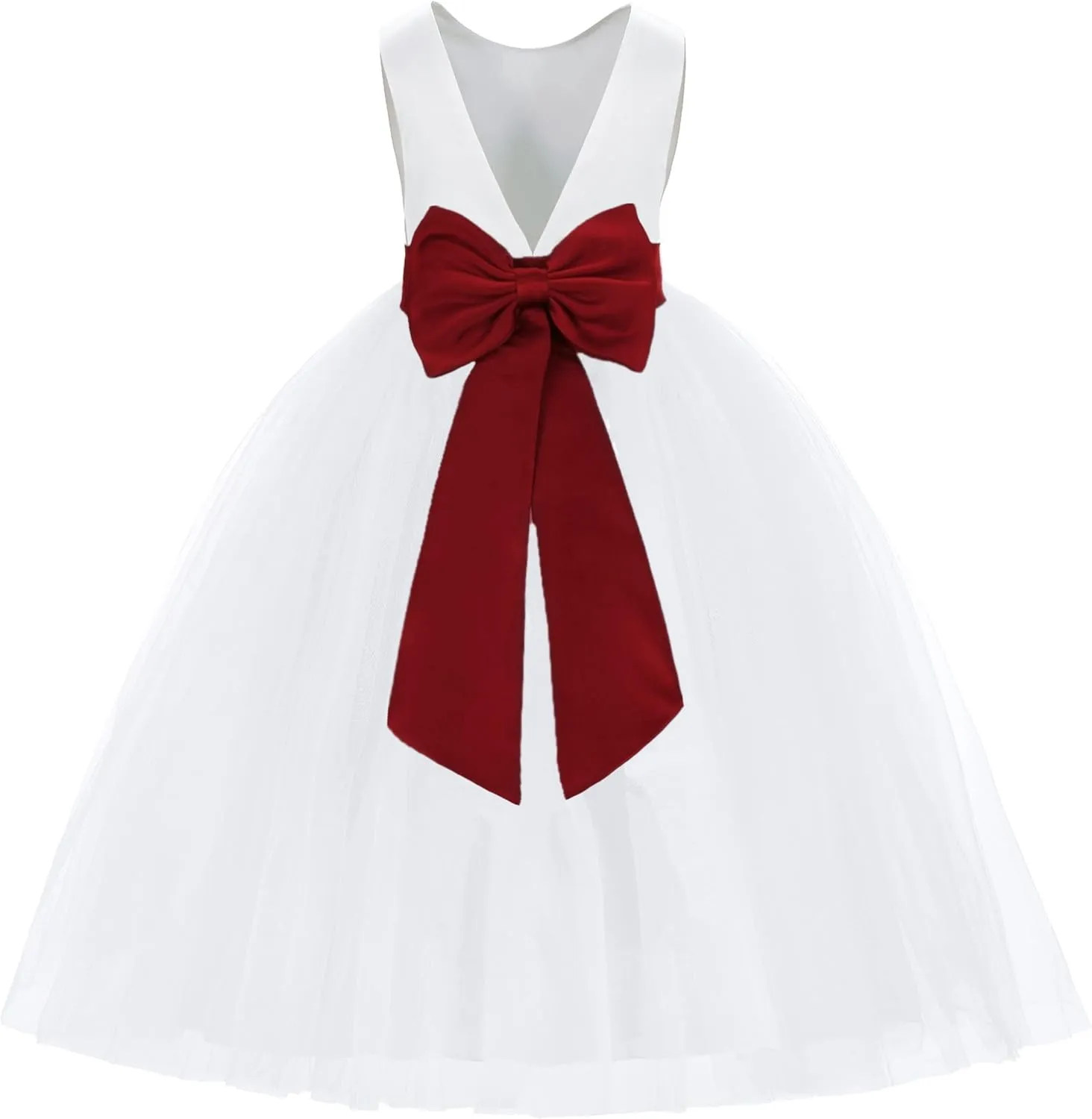 ekidsbridal White V-Back Satin Flower Girl Dress with Colored Sash Princess Gown 219T