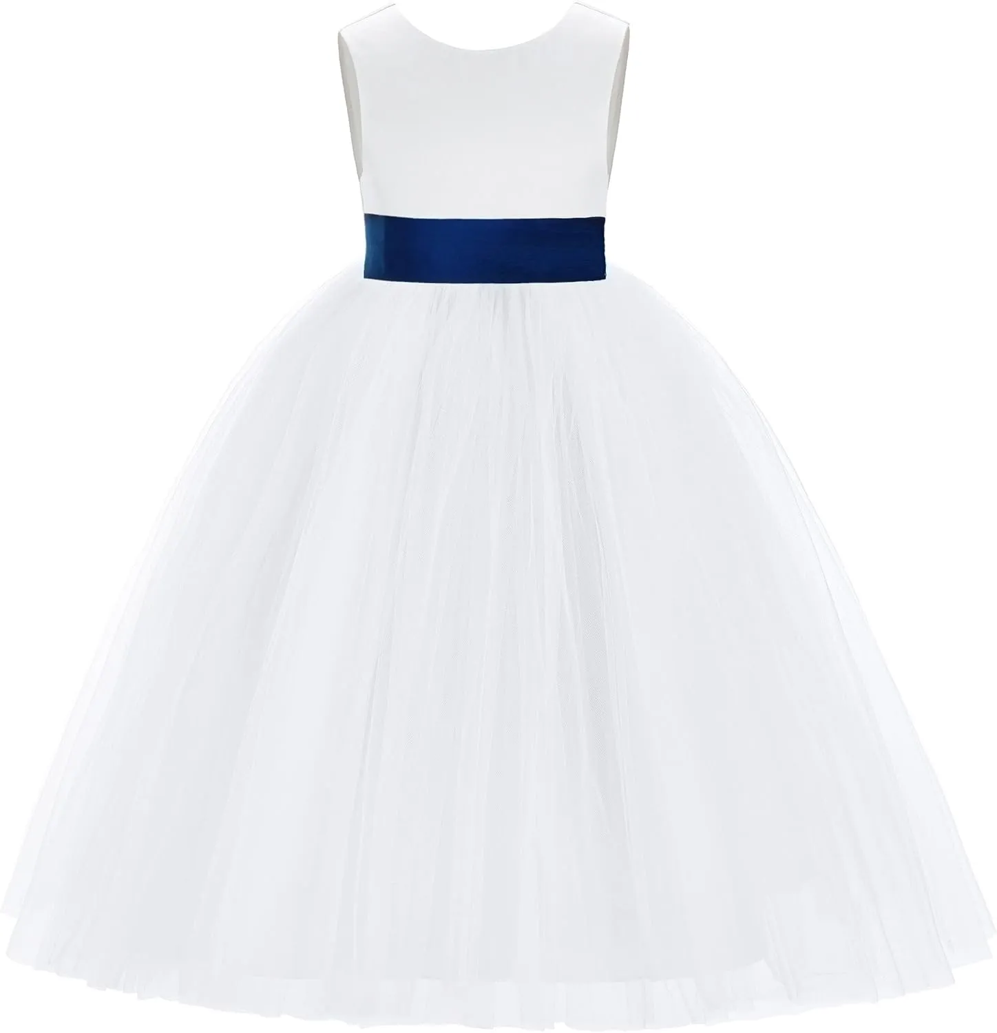 ekidsbridal White V-Back Satin Flower Girl Dress with Colored Sash Princess Gown 219T