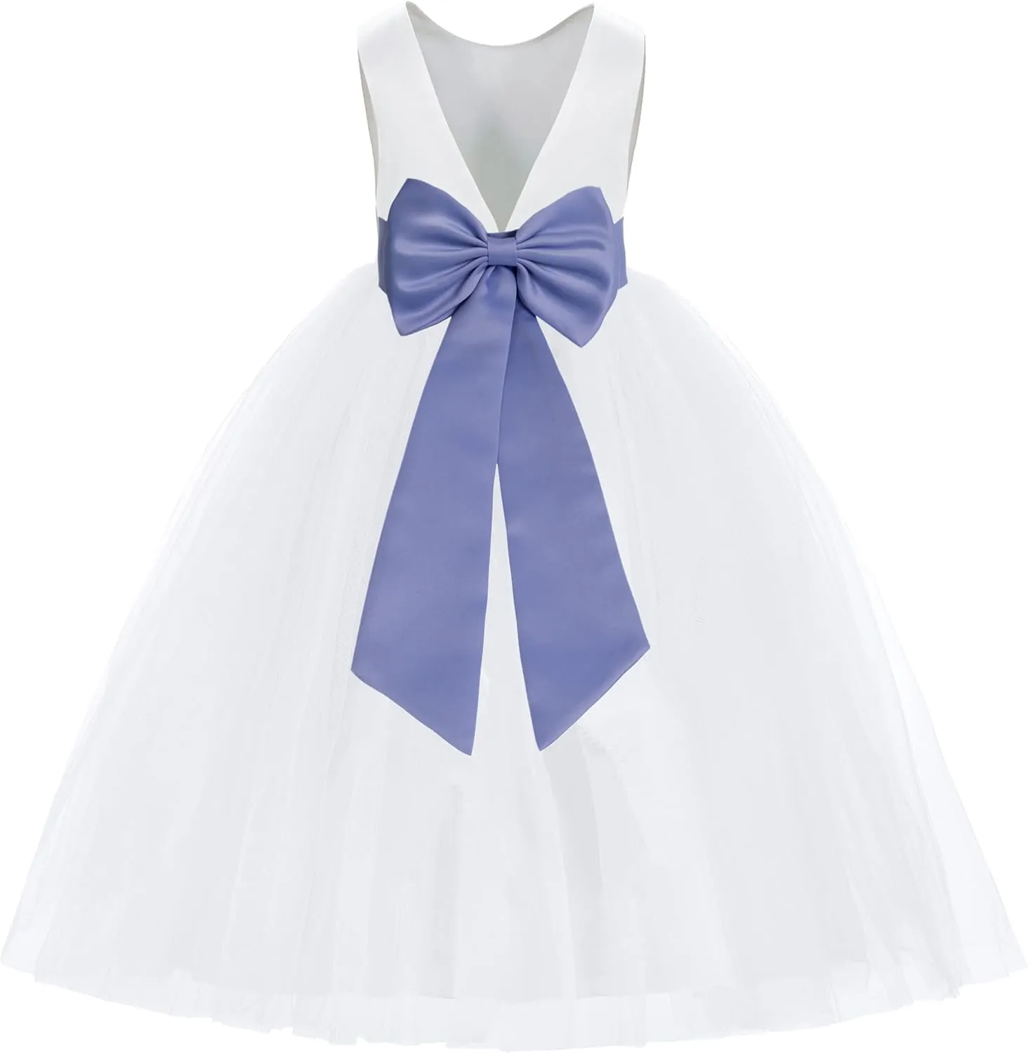 ekidsbridal White V-Back Satin Flower Girl Dress with Colored Sash Princess Gown 219T