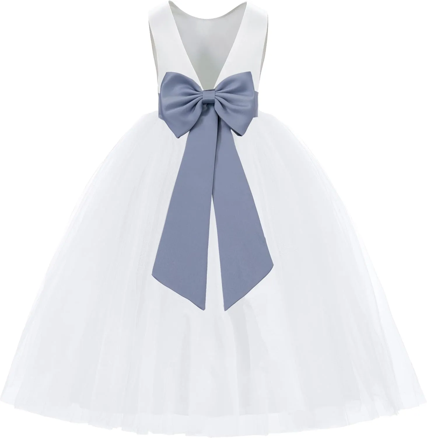ekidsbridal White V-Back Satin Flower Girl Dress with Colored Sash Princess Gown 219T