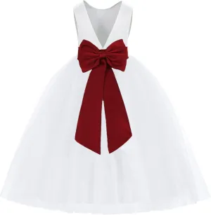 ekidsbridal White V-Back Satin Flower Girl Dress with Colored Sash Princess Gown 219T