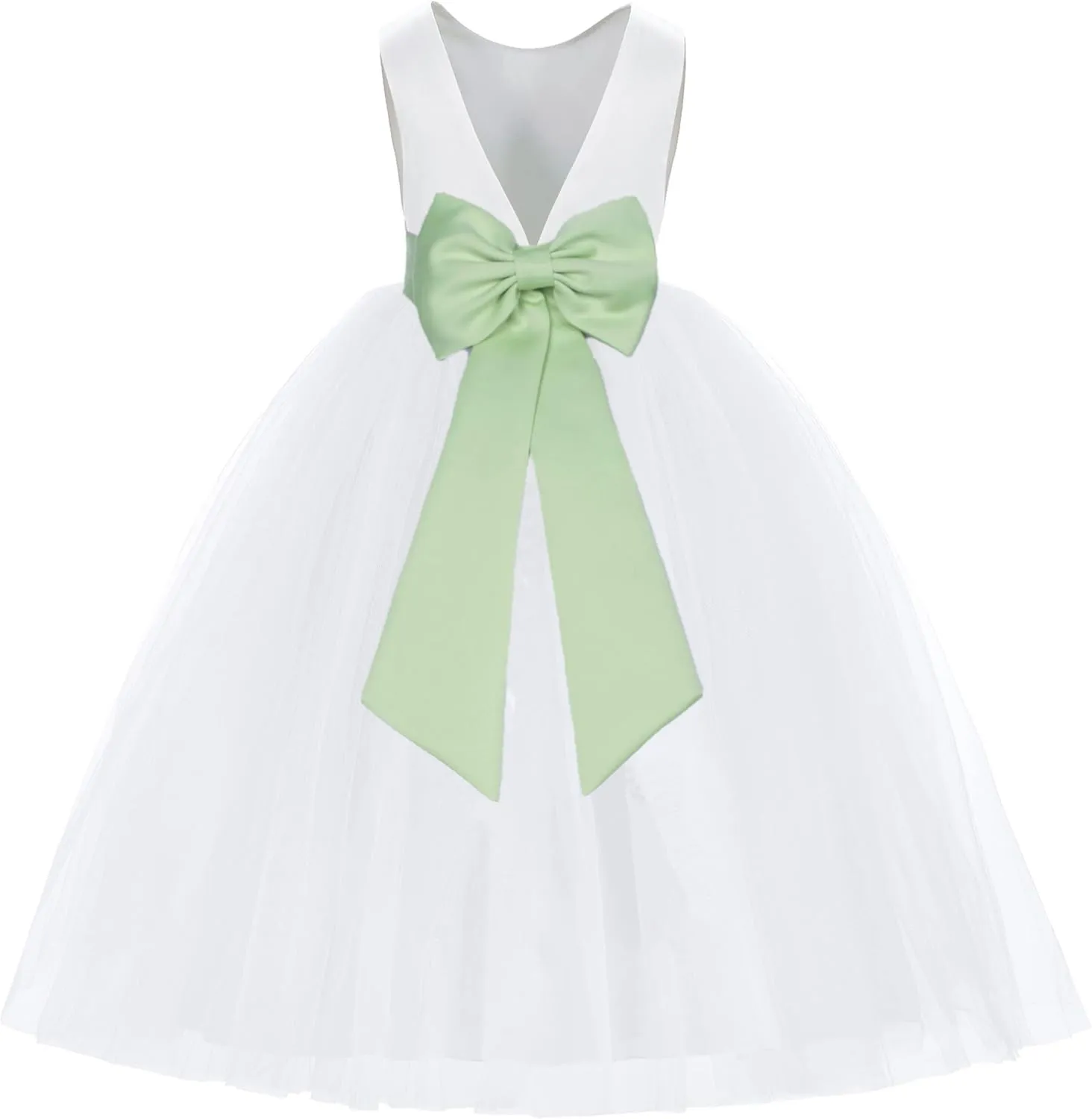 ekidsbridal White V-Back Satin Flower Girl Dress with Colored Sash Princess Gown 219T