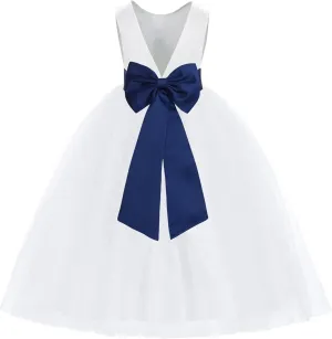 ekidsbridal White V-Back Satin Flower Girl Dress with Colored Sash Princess Gown 219T