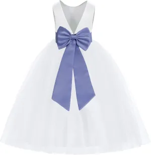 ekidsbridal White V-Back Satin Flower Girl Dress with Colored Sash Princess Gown 219T