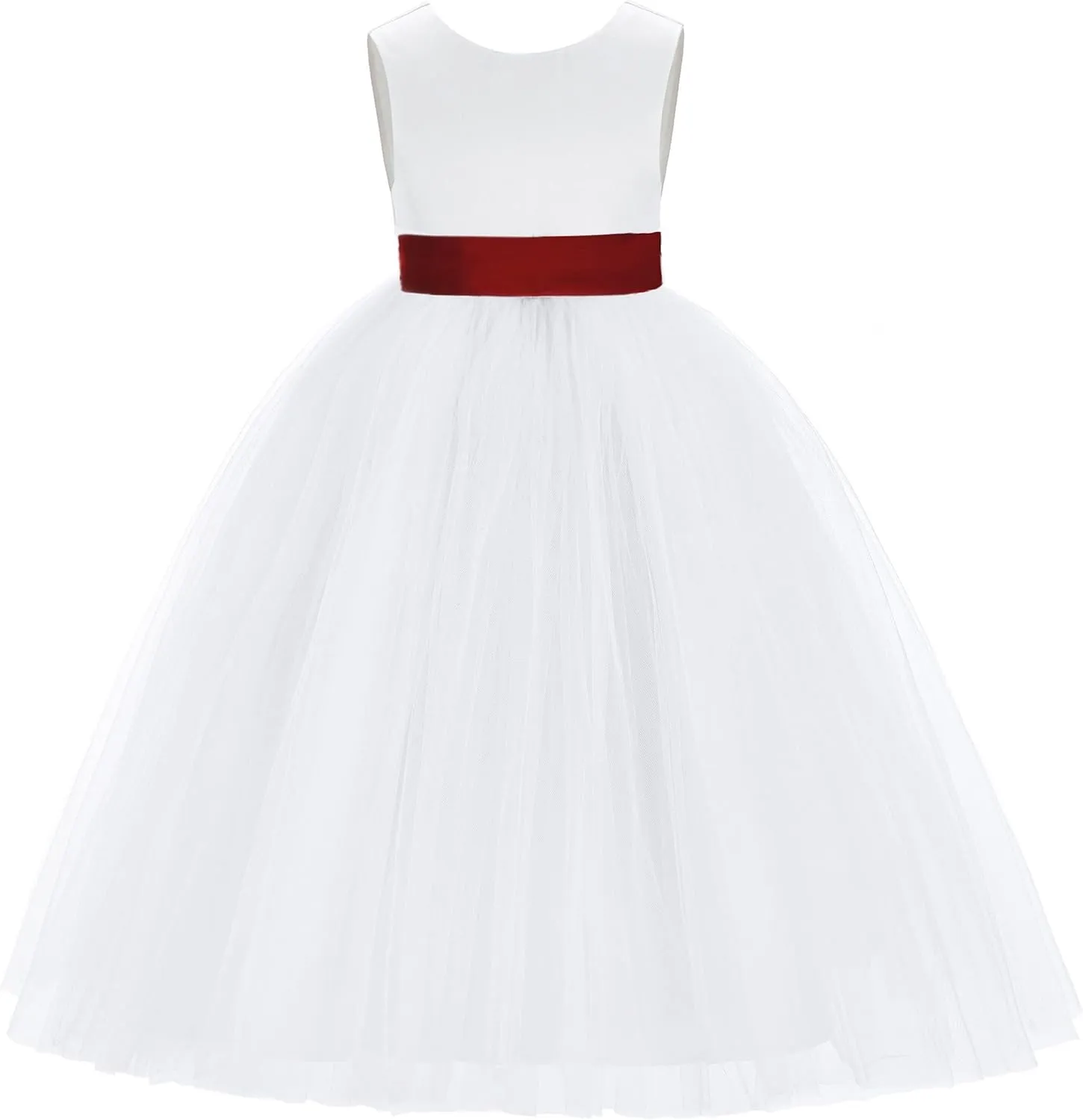 ekidsbridal White V-Back Satin Flower Girl Dress with Colored Sash Princess Gown 219T