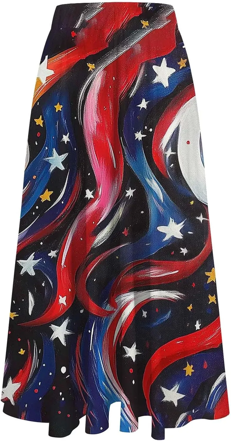 Fashion Independence Day Flowy Long Skirt for Women, Summer High Waist Ruched Casual Skirts Happy Holiday Party Clothes