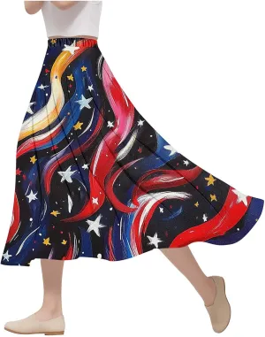 Fashion Independence Day Flowy Long Skirt for Women, Summer High Waist Ruched Casual Skirts Happy Holiday Party Clothes