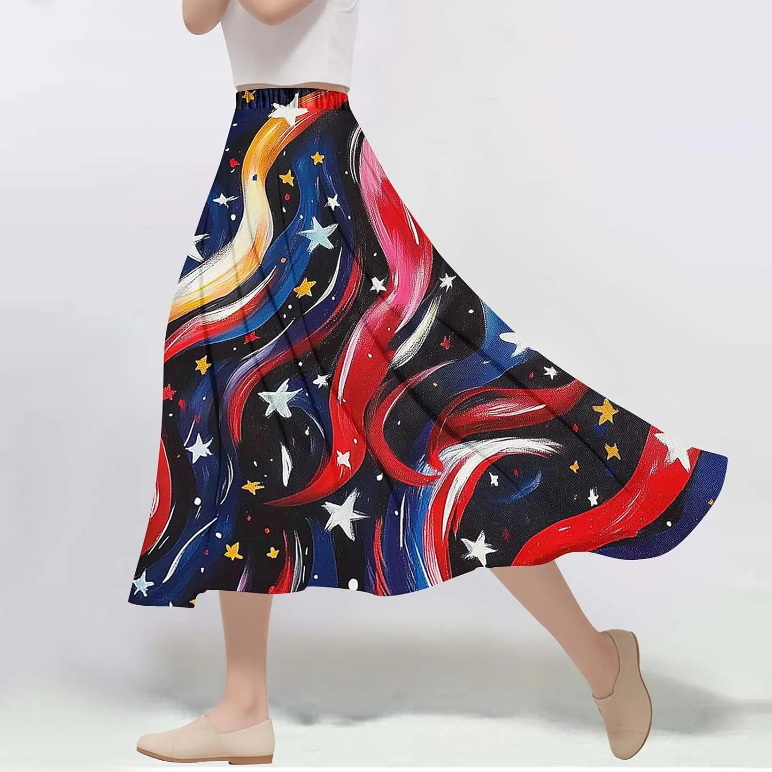 Fashion Independence Day Flowy Long Skirt for Women, Summer High Waist Ruched Casual Skirts Happy Holiday Party Clothes