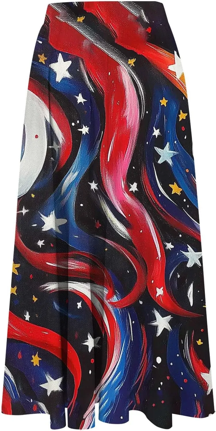 Fashion Independence Day Flowy Long Skirt for Women, Summer High Waist Ruched Casual Skirts Happy Holiday Party Clothes