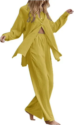 Firzero Women's 2 Piece Outfits Plus Size Linen Long Sleeve Shirt and Pants Sets Cardigan and High Waist Pants Lounge Set