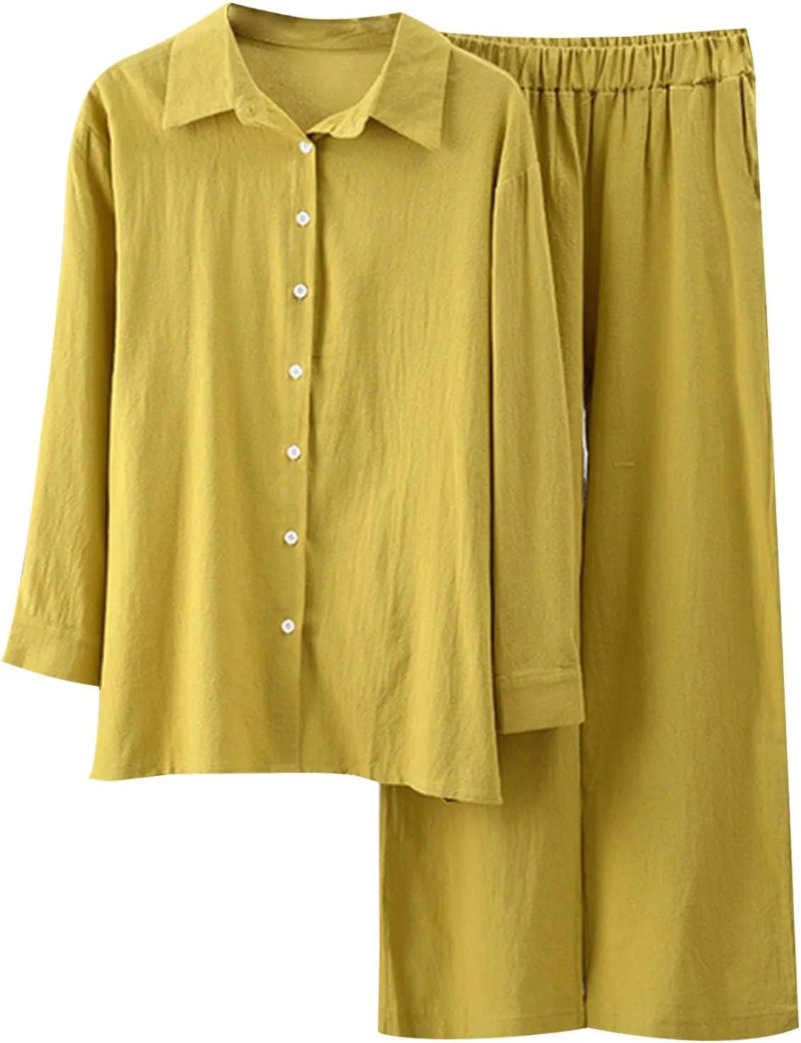 Firzero Women's 2 Piece Outfits Plus Size Linen Long Sleeve Shirt and Pants Sets Cardigan and High Waist Pants Lounge Set