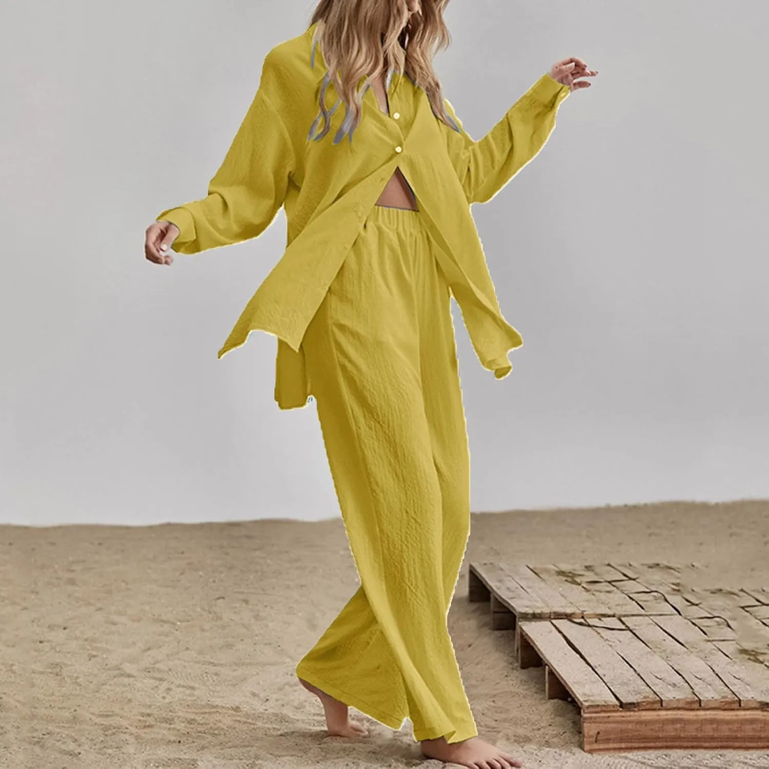 Firzero Women's 2 Piece Outfits Plus Size Linen Long Sleeve Shirt and Pants Sets Cardigan and High Waist Pants Lounge Set