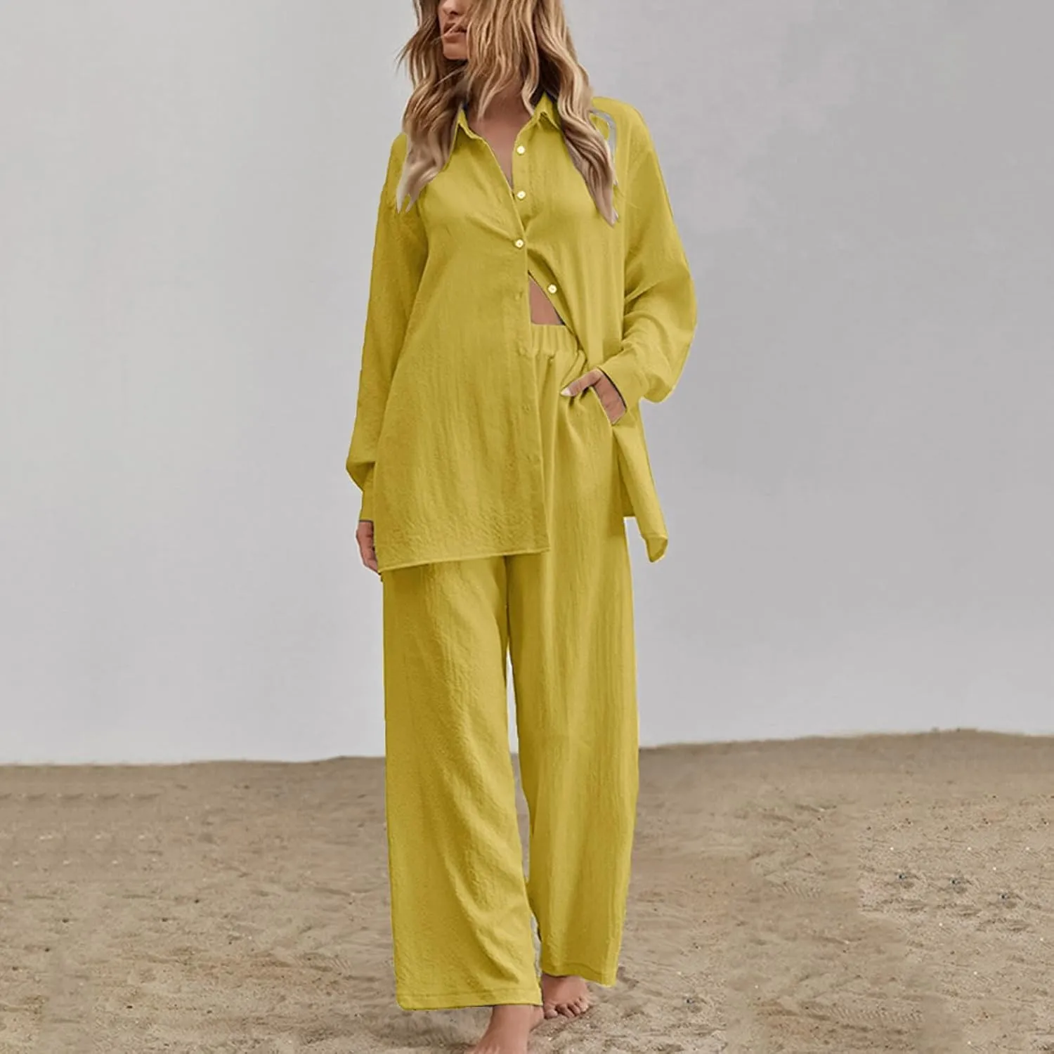Firzero Women's 2 Piece Outfits Plus Size Linen Long Sleeve Shirt and Pants Sets Cardigan and High Waist Pants Lounge Set