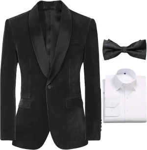 Formal Suit Blazer for Men Velvet Tuxedo Jacket Slim Fit Shawl Lapel Shirt Bow Tie Prom Wedding Business Dinner