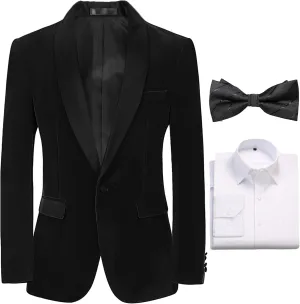 Formal Suit Blazer for Men Velvet Tuxedo Jacket Slim Fit Shawl Lapel Shirt Bow Tie Prom Wedding Business Dinner