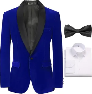 Formal Suit Blazer for Men Velvet Tuxedo Jacket Slim Fit Shawl Lapel Shirt Bow Tie Prom Wedding Business Dinner