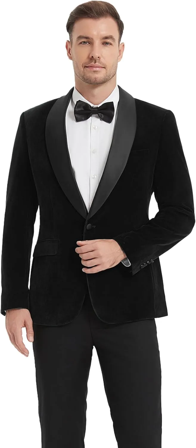Formal Suit Blazer for Men Velvet Tuxedo Jacket Slim Fit Shawl Lapel Shirt Bow Tie Prom Wedding Business Dinner