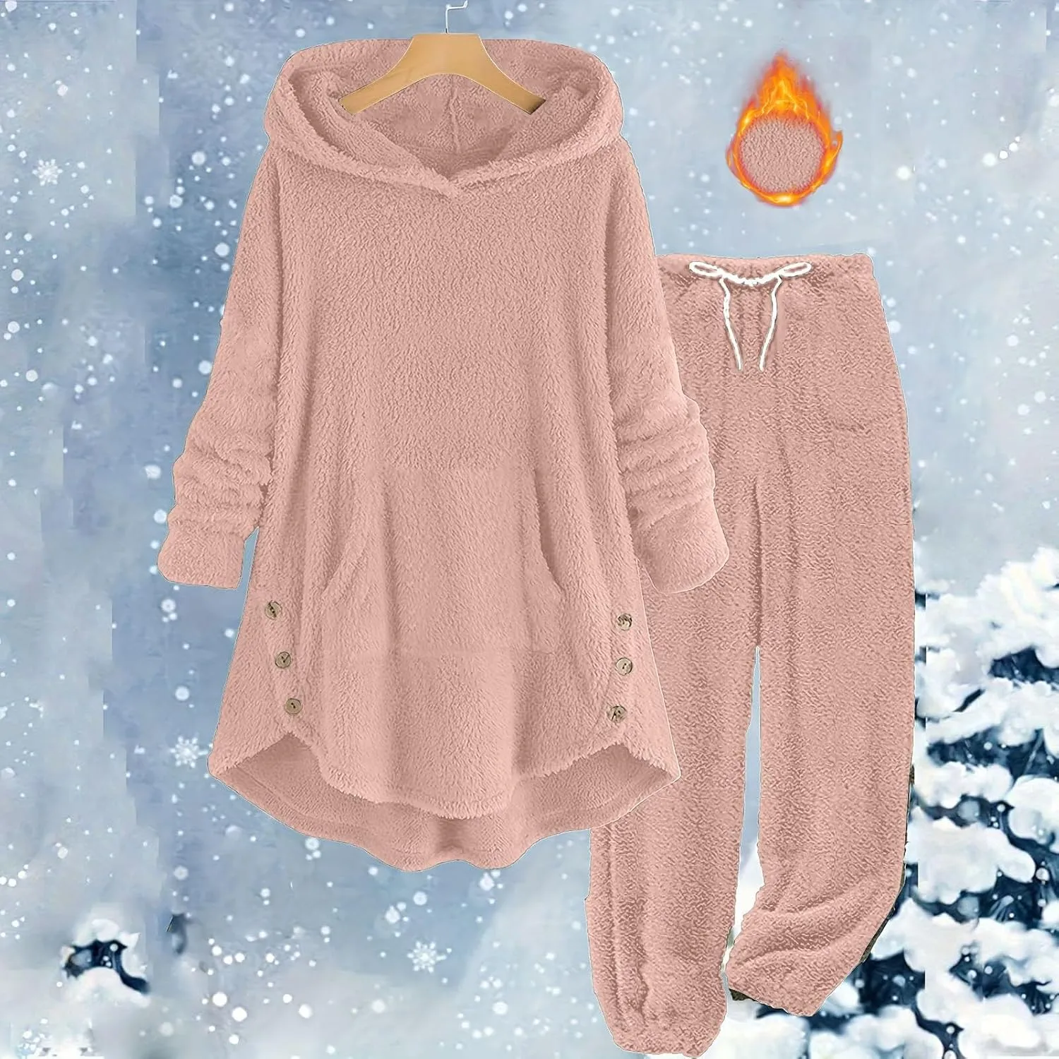Fuzzy Fleece Lounge Sets Women Plus Size Warm 2 Piece Outfits Sherpa Fleece Lined Hoodie Tops and Pants Pjs Set