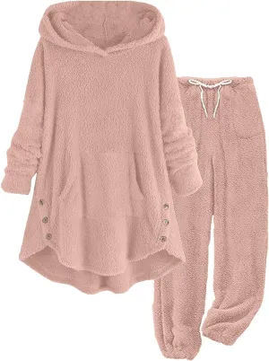 Fuzzy Fleece Lounge Sets Women Plus Size Warm 2 Piece Outfits Sherpa Fleece Lined Hoodie Tops and Pants Pjs Set