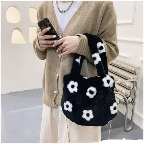 Girls Cute Flower Plush Shoulder Bag Kawaii Chain Tote Handbag Purse Fluffy Underarm Bag Faux Fur Dating Bag for Winter Spring (Black)