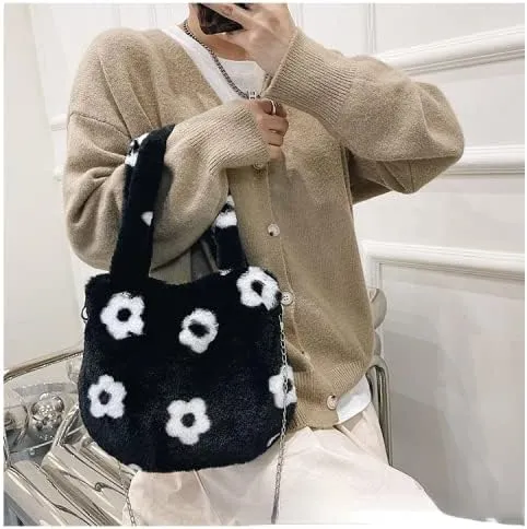 Girls Cute Flower Plush Shoulder Bag Kawaii Chain Tote Handbag Purse Fluffy Underarm Bag Faux Fur Dating Bag for Winter Spring (Black)