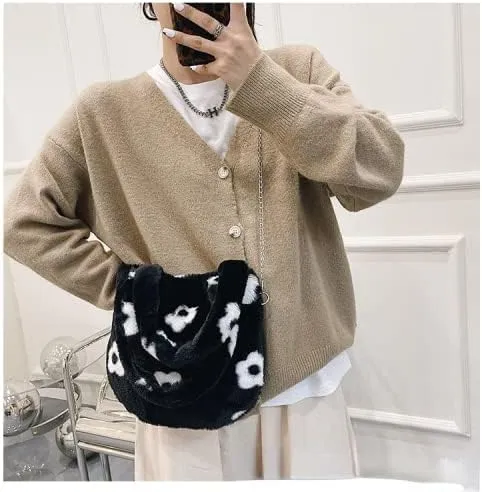 Girls Cute Flower Plush Shoulder Bag Kawaii Chain Tote Handbag Purse Fluffy Underarm Bag Faux Fur Dating Bag for Winter Spring (Black)