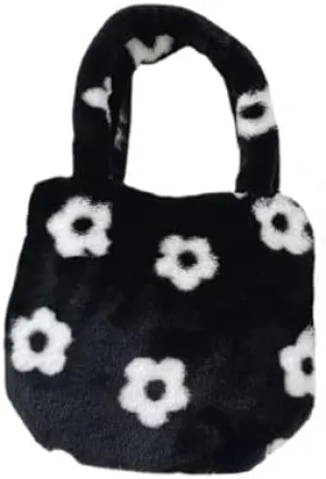 Girls Cute Flower Plush Shoulder Bag Kawaii Chain Tote Handbag Purse Fluffy Underarm Bag Faux Fur Dating Bag for Winter Spring (Black)