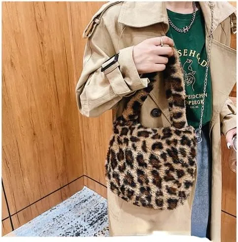 Girls Cute Flower Plush Shoulder Bag Kawaii Chain Tote Handbag Purse Fluffy Underarm Bag Faux Fur Dating Bag for Winter Spring (Brown)