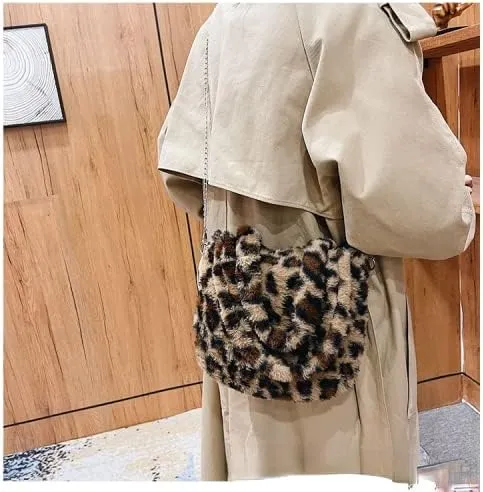 Girls Cute Flower Plush Shoulder Bag Kawaii Chain Tote Handbag Purse Fluffy Underarm Bag Faux Fur Dating Bag for Winter Spring (Brown)