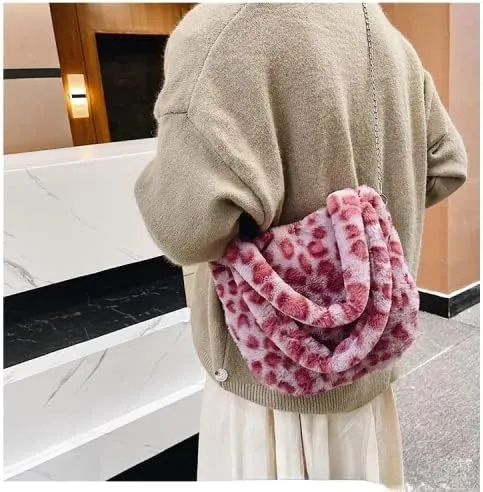 Girls Cute Flower Plush Shoulder Bag Kawaii Chain Tote Handbag Purse Fluffy Underarm Bag Faux Fur Dating Bag for Winter Spring (Pink)