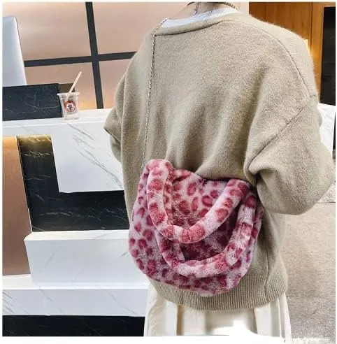 Girls Cute Flower Plush Shoulder Bag Kawaii Chain Tote Handbag Purse Fluffy Underarm Bag Faux Fur Dating Bag for Winter Spring (Pink)