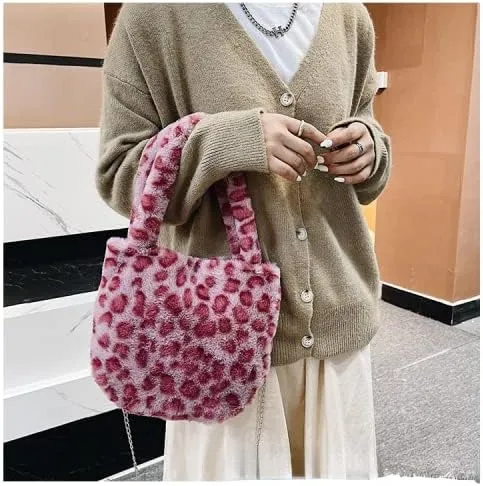 Girls Cute Flower Plush Shoulder Bag Kawaii Chain Tote Handbag Purse Fluffy Underarm Bag Faux Fur Dating Bag for Winter Spring (Pink)