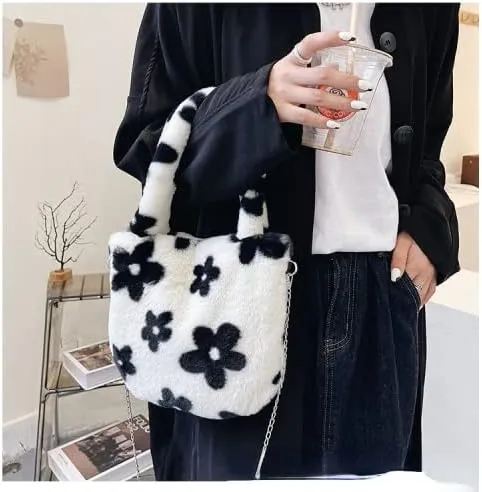 Girls Cute Flower Plush Shoulder Bag Kawaii Chain Tote Handbag Purse Fluffy Underarm Bag Faux Fur Dating Bag for Winter Spring (White)