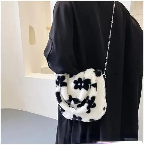 Girls Cute Flower Plush Shoulder Bag Kawaii Chain Tote Handbag Purse Fluffy Underarm Bag Faux Fur Dating Bag for Winter Spring (White)