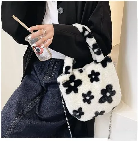 Girls Cute Flower Plush Shoulder Bag Kawaii Chain Tote Handbag Purse Fluffy Underarm Bag Faux Fur Dating Bag for Winter Spring (White)