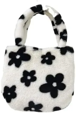 Girls Cute Flower Plush Shoulder Bag Kawaii Chain Tote Handbag Purse Fluffy Underarm Bag Faux Fur Dating Bag for Winter Spring (White)