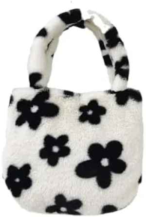 Girls Cute Flower Plush Shoulder Bag Kawaii Chain Tote Handbag Purse Fluffy Underarm Bag Faux Fur Dating Bag for Winter Spring (White)