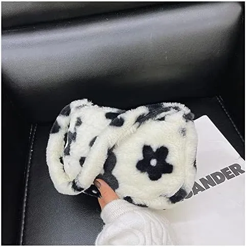 Girls Cute Flower Plush Shoulder Bag Large Tote Handbag Purse Fluffy Underarm Bag Faux Fur Dating Bag for Winter Spring (Black)