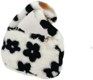 Girls Cute Flower Plush Shoulder Bag Large Tote Handbag Purse Fluffy Underarm Bag Faux Fur Dating Bag for Winter Spring (Black)