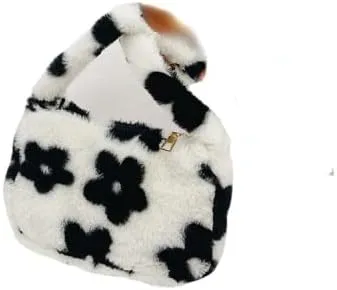 Girls Cute Flower Plush Shoulder Bag Large Tote Handbag Purse Fluffy Underarm Bag Faux Fur Dating Bag for Winter Spring (Black)