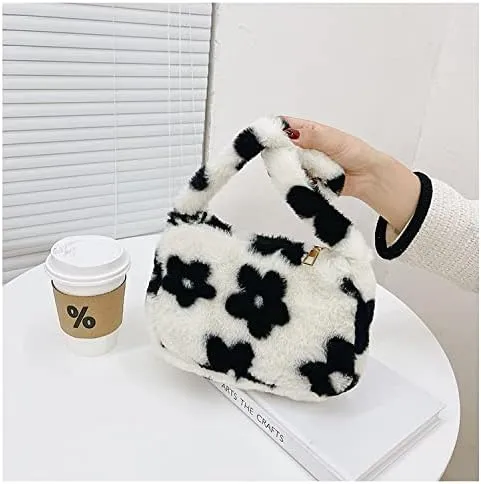 Girls Cute Flower Plush Shoulder Bag Large Tote Handbag Purse Fluffy Underarm Bag Faux Fur Dating Bag for Winter Spring (Black)