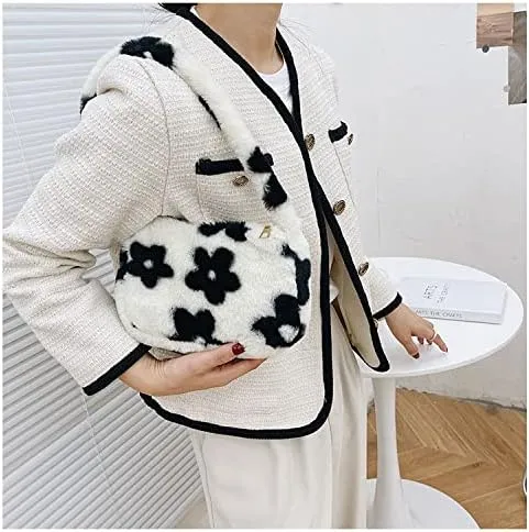 Girls Cute Flower Plush Shoulder Bag Large Tote Handbag Purse Fluffy Underarm Bag Faux Fur Dating Bag for Winter Spring (Black)