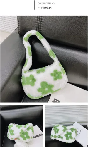 Girls Cute Flower Plush Shoulder Bag Large Tote Handbag Purse Fluffy Underarm Bag Faux Fur Dating Bag for Winter Spring (Green)